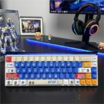 Close-up of the durable PBT Gundam V2 backlit keycap set, highlighting its futuristic mecha design and vibrant details from various perspectives.