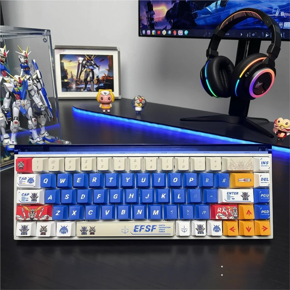 Close-up of the durable PBT Gundam V2 backlit keycap set, highlighting its futuristic mecha design and vibrant details from various perspectives.