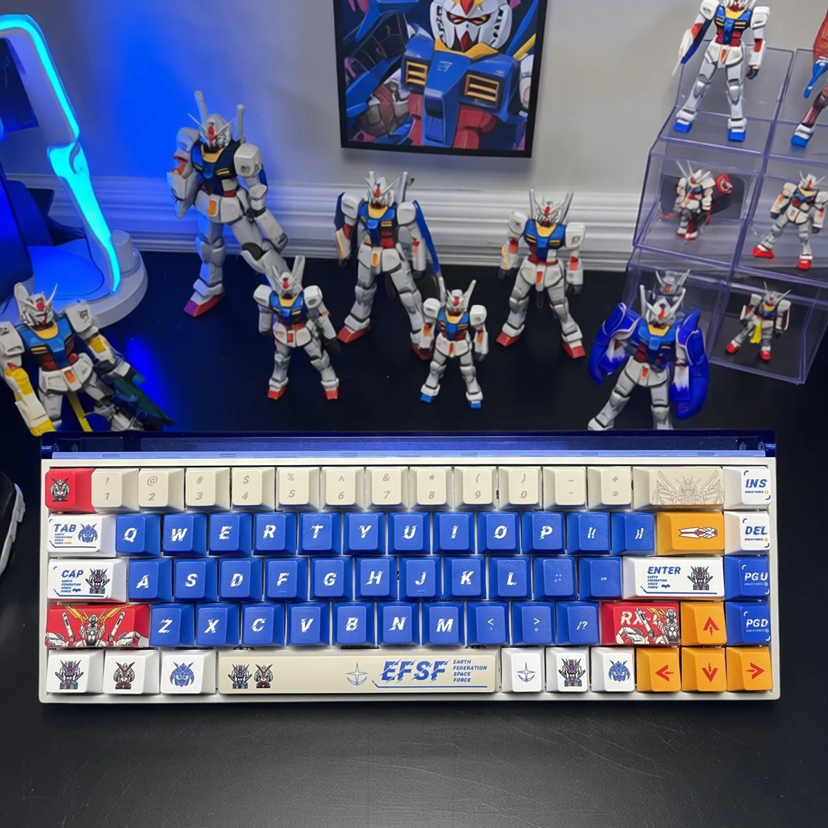Premium Gundam V2 PBT backlit keycap set for mechanical keyboards, showcasing vibrant mecha designs and durable quality.