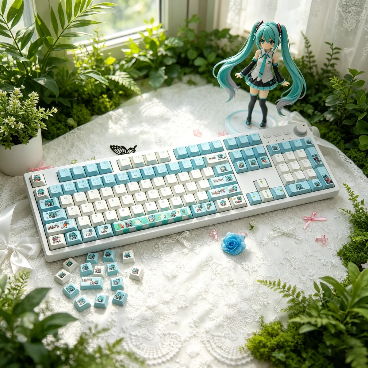 Vibrant Hatsune Miku Q-version PBT backlit keycaps set displayed from a playful angle, highlighting the glowing legends and adorable chibi art.