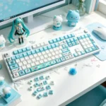 Dynamic close-up of vibrant Hatsune Miku Q-version PBT backlit keycaps set, highlighting playful chibi art and glowing legends for a unique keyboard aesthetics.