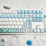 Vibrant Hatsune Miku Q-version PBT backlit keycaps set, featuring playful chibi art and illuminated legends from various angles for a dynamic keyboard.