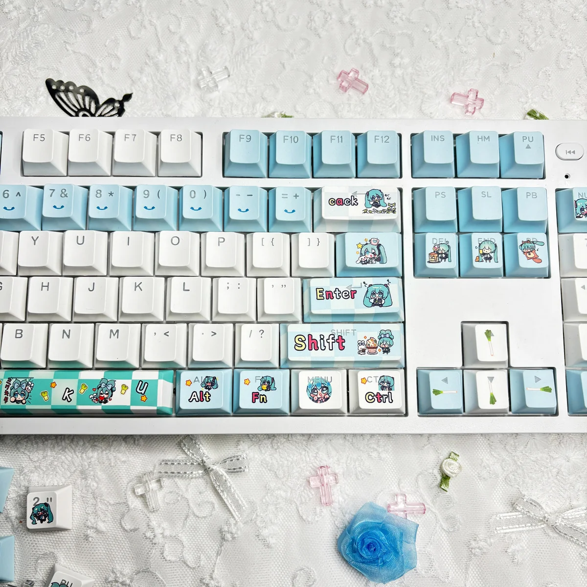 Vibrant Hatsune Miku Q-version PBT backlit keycaps set, featuring playful chibi art and illuminated legends from various angles for a dynamic keyboard.