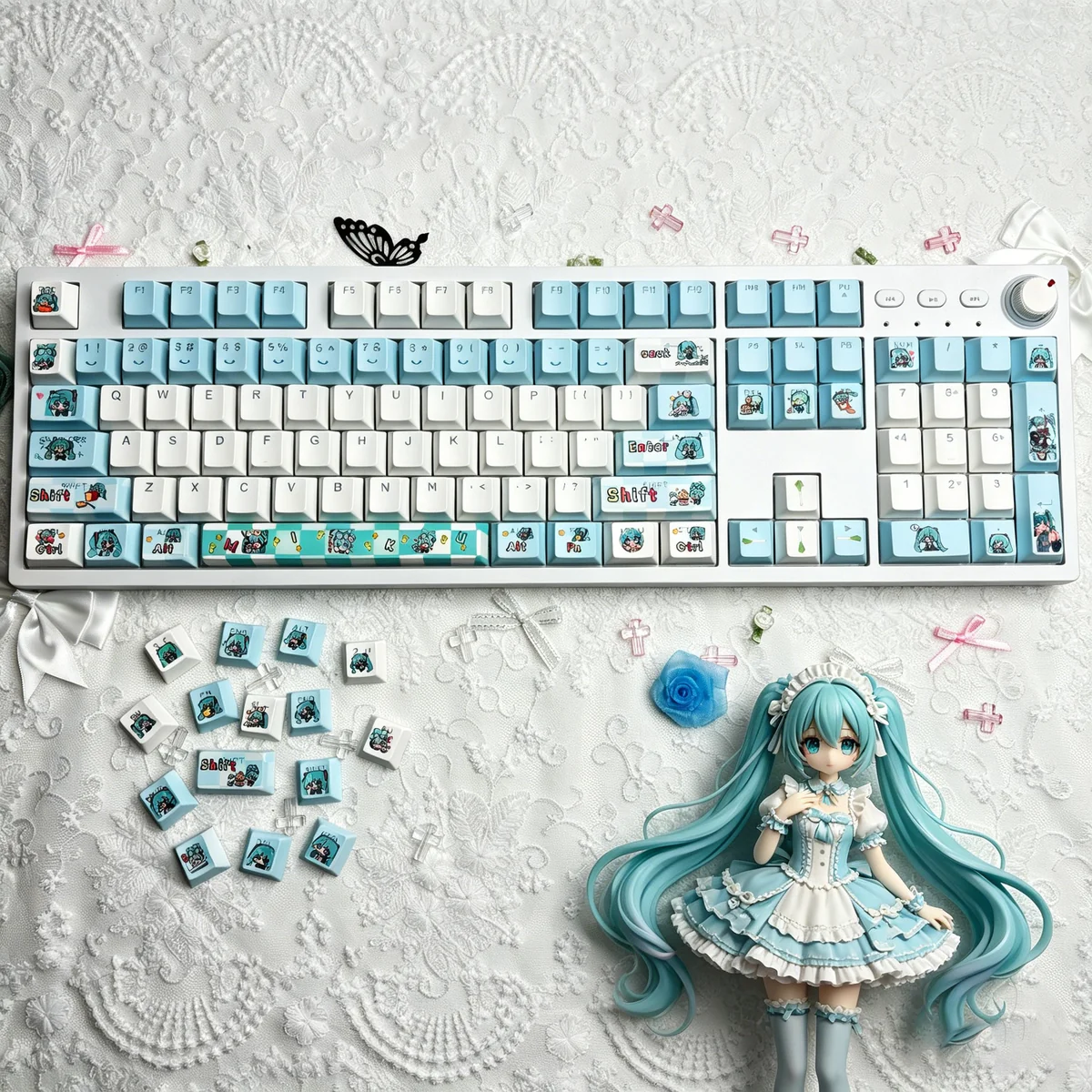 A playful gallery view of vibrant Hatsune Miku Q-version PBT backlit keycaps set, showcasing chibi art and illuminated legends from various angles.