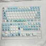 Vibrant Hatsune Miku Q-version PBT backlit keycaps set from multiple playful angles, showcasing chibi Miku art and luminous legends for dynamic keyboard.