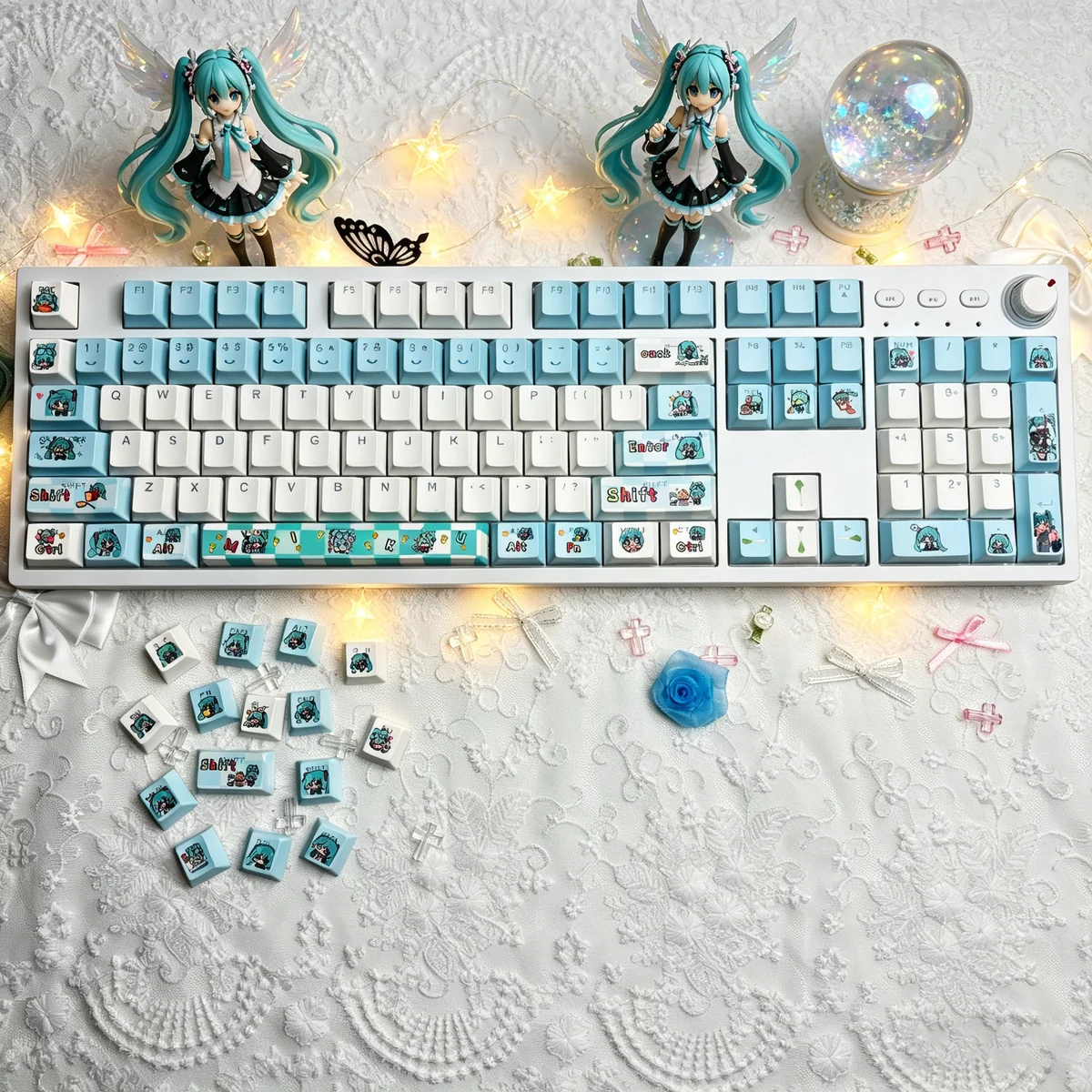 Vibrant Hatsune Miku Q-version PBT backlit keycaps set, showing cheerful chibi Miku art and glowing legends. Perfect for a playful, dynamic keyboard.