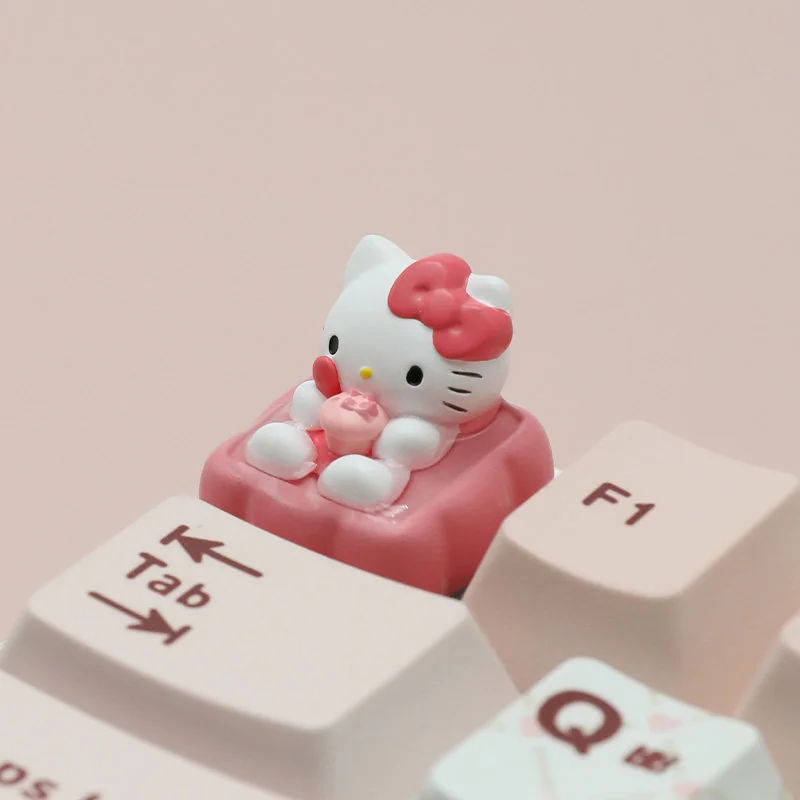 Close-up gallery views of the exclusive Hello Kitty dessert artisan ESC keycap, showcasing whimsical characters enjoying sweet treats from various angle.