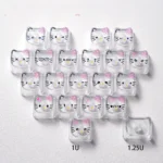 Playful Hello Kitty glitter backlit PC keycaps set, featuring transparent keys with sparkling heart confetti and adorable cat cartoons.