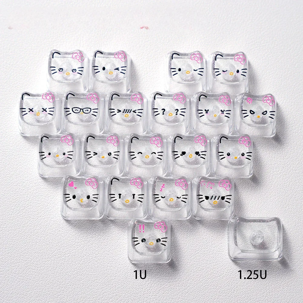 Playful Hello Kitty glitter backlit PC keycaps set, featuring transparent keys with sparkling heart confetti and adorable cat cartoons.