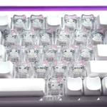 Playful Hello Kitty glitter backlit PC keycaps set featuring transparent design, sparkling hearts, and cute cat cartoons for a vibrant keyboard.
