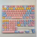 Detailed side view of the charming Hello Kitty MOA PBT dye-sub keycaps set, showcasing the vibrant pink and white aesthetic and iconic designs from the 130-Key setup.