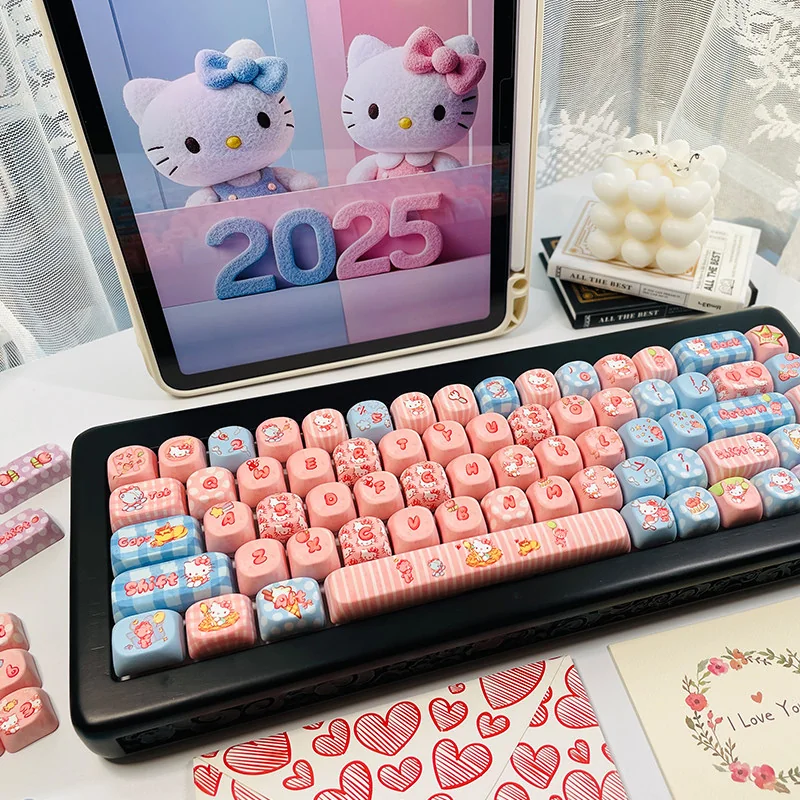 Iconic Hello Kitty PBT Dye-Sub Keycaps set, showcasing playful pink and white keys with charming Hello Kitty designs for a delightful keyboard.