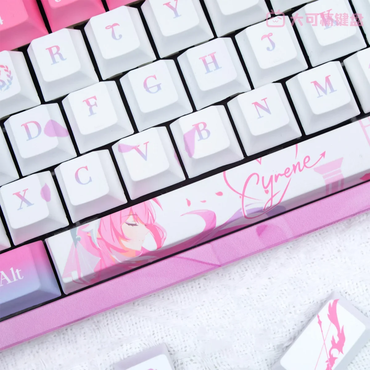 Exclusive Honkai Star Rail Cyrene PBT keycaps set, featuring intricate details and an ethereal sci-fi aesthetic from multiple angles, perfect for fans.