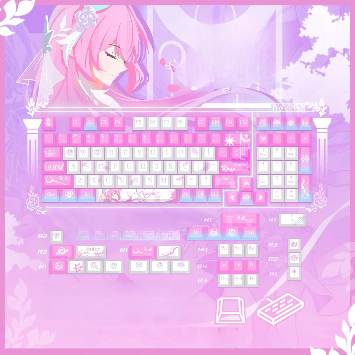 Discover Honkai Star Rail Cyrene PBT keycaps set from multiple angles, showcasing intricate details and ethereal sci-fi aesthetic for gaming.