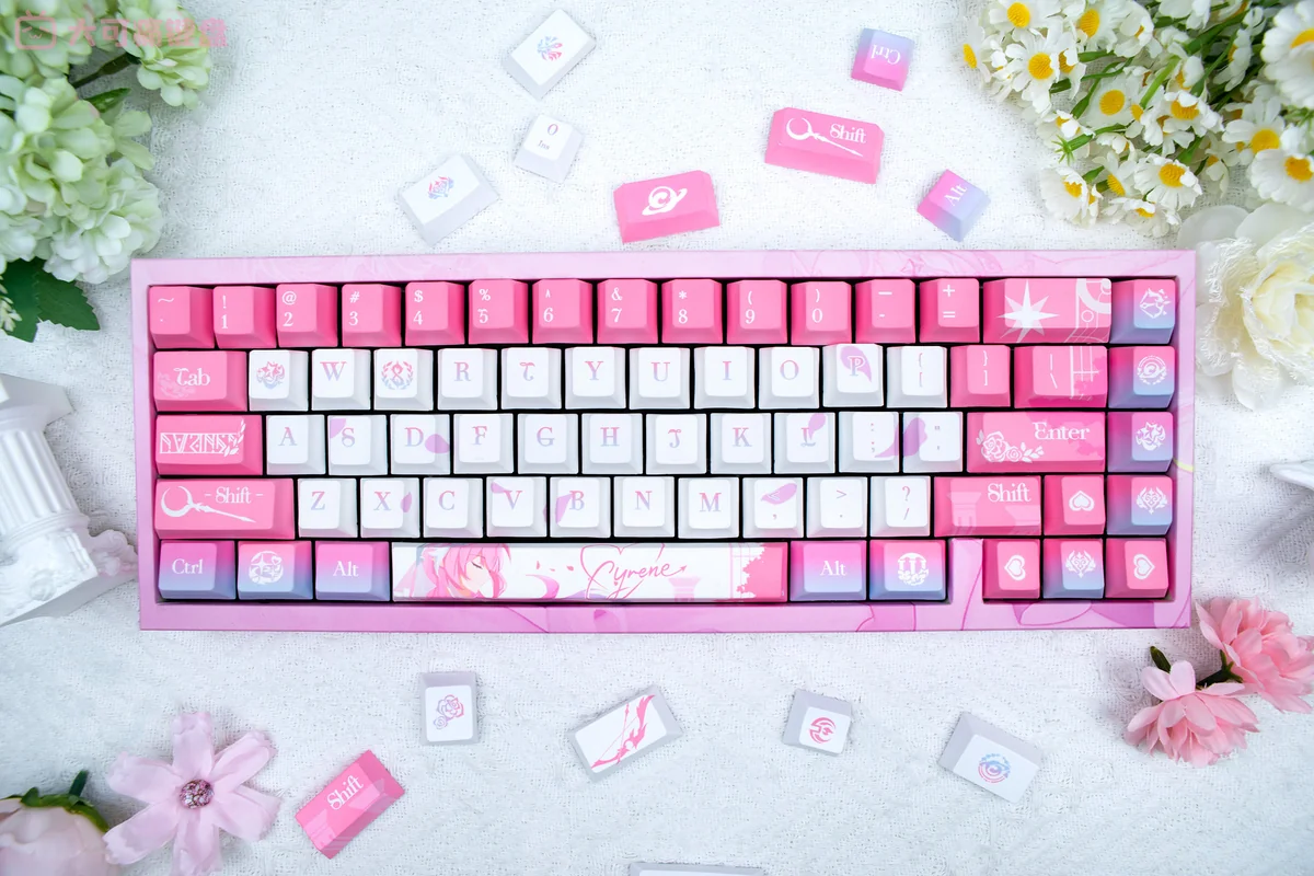 Exclusive Honkai Star Rail Cyrene PBT Keycaps set, showcasing ethereal futuristic design and intricate character details for a premium gaming experience.
