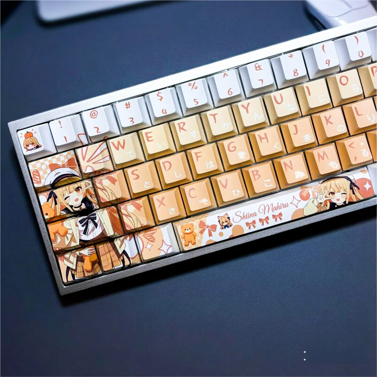 Close-up of durable PBT Mahiru Shiina anime keycaps set, showcasing delicate character art and soft pastel colors in Cherry profile from multiple playful design.