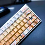 Close-up of durable PBT Mahiru Shiina anime keycaps set, showcasing the gentle pastel colors and delicate character art on Cherry profile keyboard.