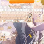 Playful Mahiru Shiina PBT anime keycaps set, showcasing durable Cherry profile keys from multiple angles with soft pastel character art.