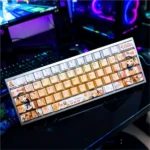 Detailed shot of Mahiru Shiina PBT anime keycaps set at an angle, revealing the durable texture and charming soft pastel character art for a playful keyboard.