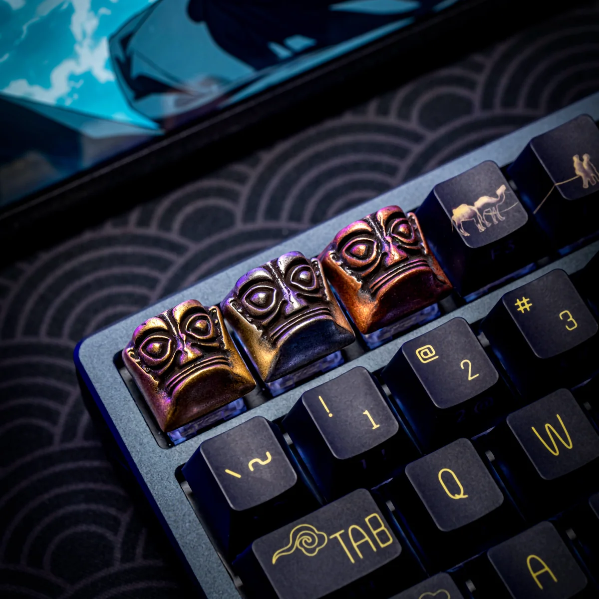 A unique Sanxingdui Mask Keycap crafted from lustrous pure copper, blending ancient mystique with whimsical pop culture in artistic detail.