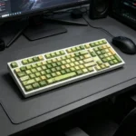 Jasmine Snow Bud PBT Keycaps Set gallery displays jasmine florals, translucent side-engraved legends, modern angles, and light reflections.