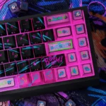Vibrant Jinx Arcane PBT + PC keycaps set from an angled perspective, detailing their chaotic, punk-inspired League of Legends design and unique gaming vibes.