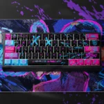 Jinx Arcane PBT keycap set shown from various angles, highlighting its vibrant, chaotic, punk-inspired gaming aesthetic.