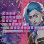 Exclusive Jinx Keycaps Arcane PBT + PC set, shown from multiple angles. Vibrant, chaotic, punk-inspired Arcane designs deliver a unique gaming vibe.