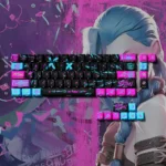 Close-up of the exclusive Jinx Arcane 74-key PBT keycap set, showcasing its vibrant, chaotic aesthetic for 60-65-68 gaming keyboards.