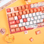 Detailed views of the unique Celestial Yachiyo Runami PBT Keycaps set, showcasing ethereal Kaguya Princess designs and soft pastel celestial motifs.