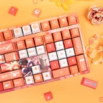 Unique Celestial Yachiyo Runami PBT Keycaps Set in soft pastels, displaying ethereal moonlit fantasy motifs from various angles, evoking a mythical journey.