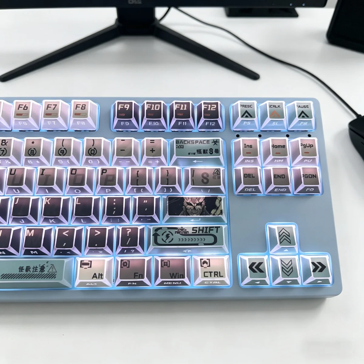 Dynamic shot of Kaiju No. 8 faceted side-lit PBT keycaps set, emphasizing their dark, angular design and translucent facets for a premium, artistic aesthetics.