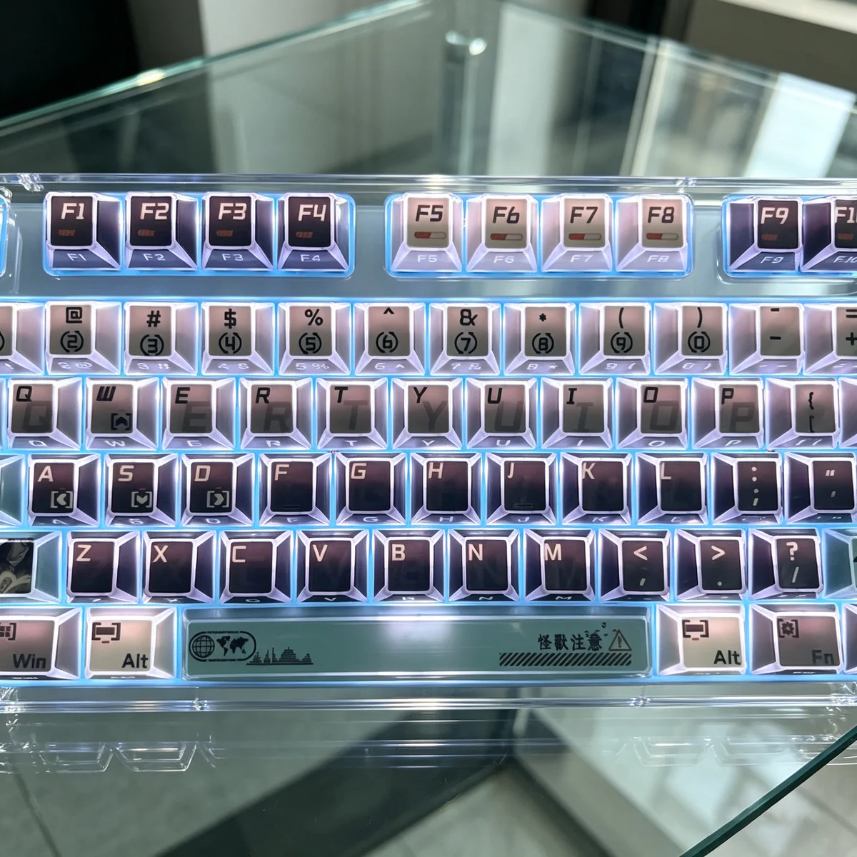 Close-up of Kaiju No. 8 faceted side-lit PBT keycaps set showcasing their dark, angular design and translucent facets from a unique angle.