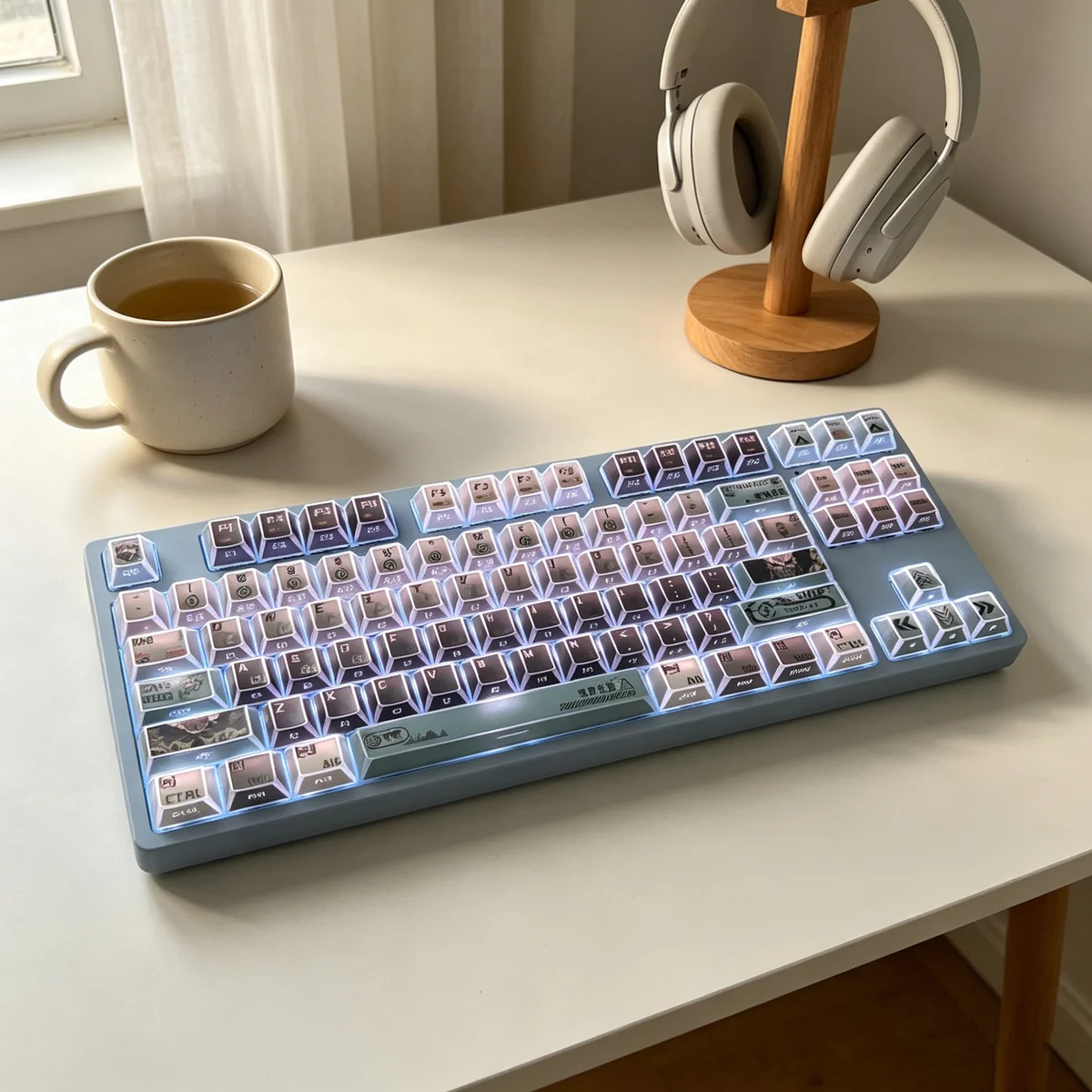 Dynamic views of the Kaiju No. 8 faceted side-lit PBT keycap set, showcasing its dark, angular design and unique translucent facets.