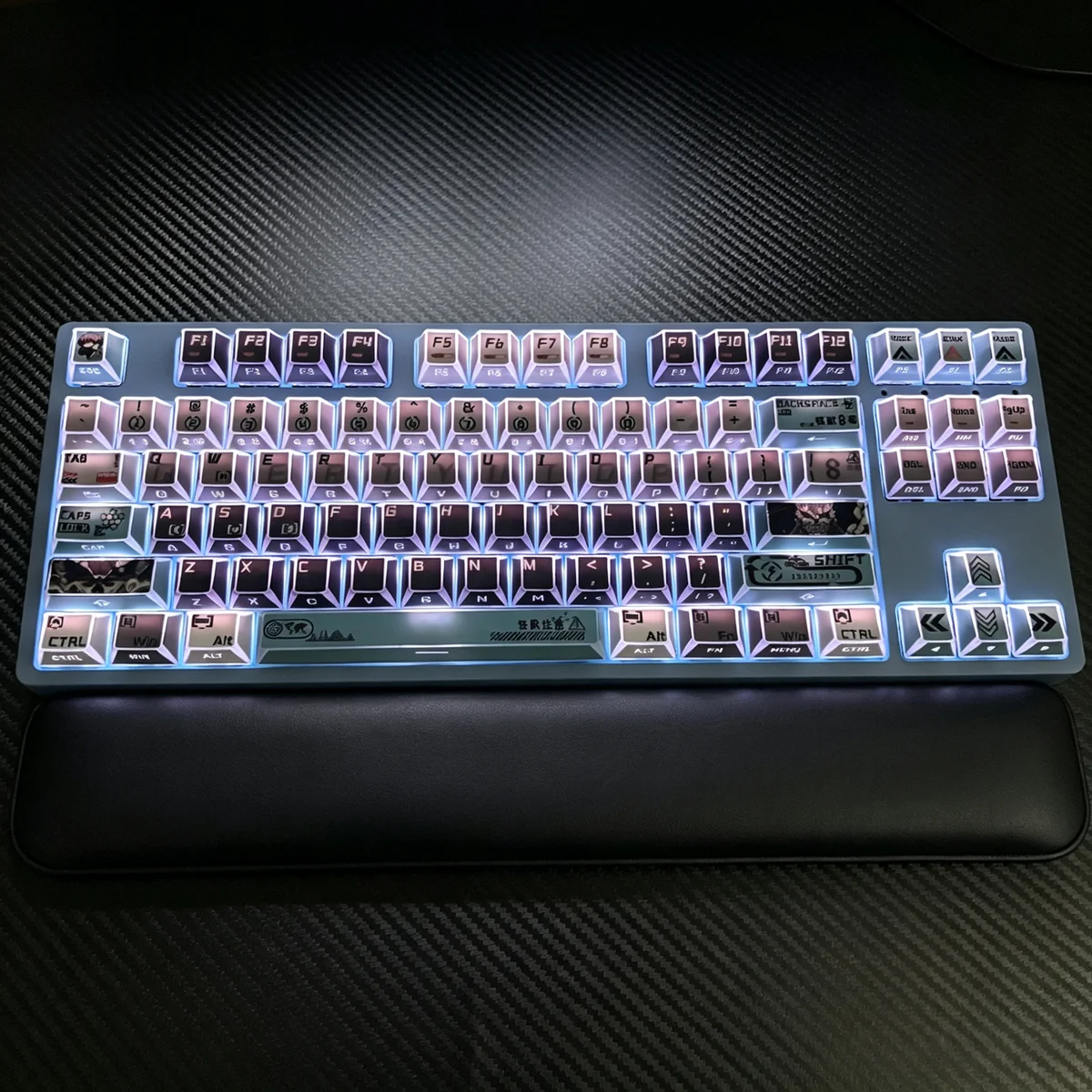 Kaiju No. 8 130-key PBT keycap set, showcasing dark, angular, and dynamic faceted side-lit designs for a premium, exclusive aesthetic.