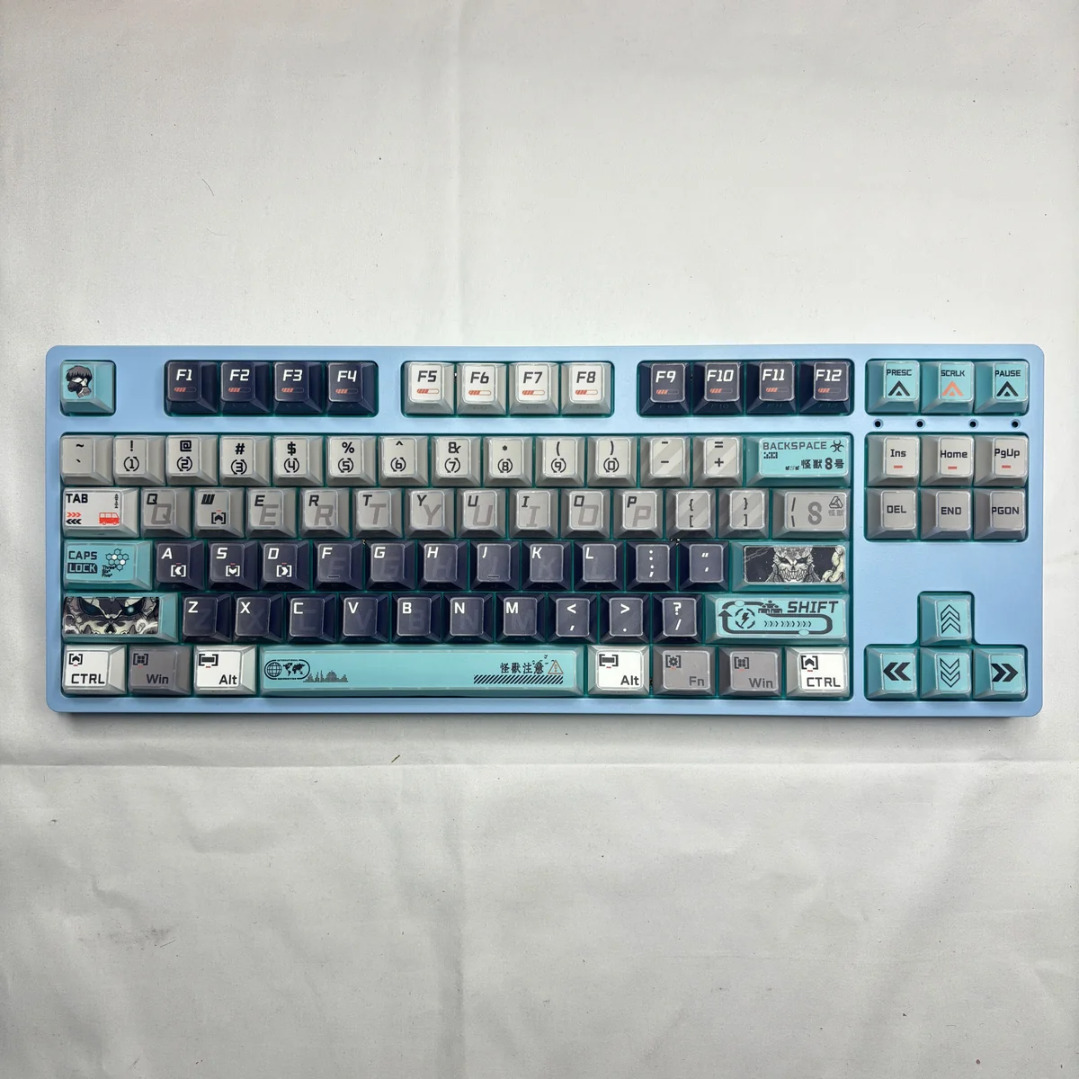 Exclusive Kaiju No. 8 faceted side-lit PBT keycaps set, showcasing a dark, angular design with translucent facets in a dynamic main product image.