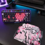 Vibrant KAngel Keycap Set, featuring iconic Needy Girl Overdose anime art on premium PBT and translucent PC keycaps, shown from a dynamic angle.