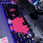 Vibrant KAngel Keycap Set featuring iconic Needy Girl Overdose art on premium PBT and translucent PC keys, displayed from a captivating angle.