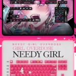 Vibrant KAngel Keycap Set showcasing iconic Needy Girl Overdose art on premium PBT and translucent PC keys, a playful and premium aesthetic.