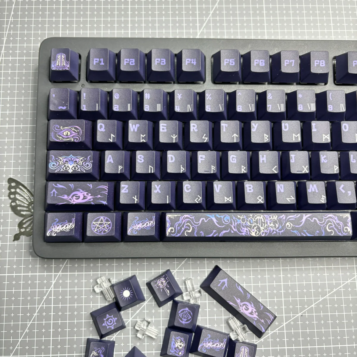 Yog-Sothoth Key of the Gate Lovecraft keycaps set, displayed from various angles, highlighting exclusive cosmic horror and intricate eldritch symbols.