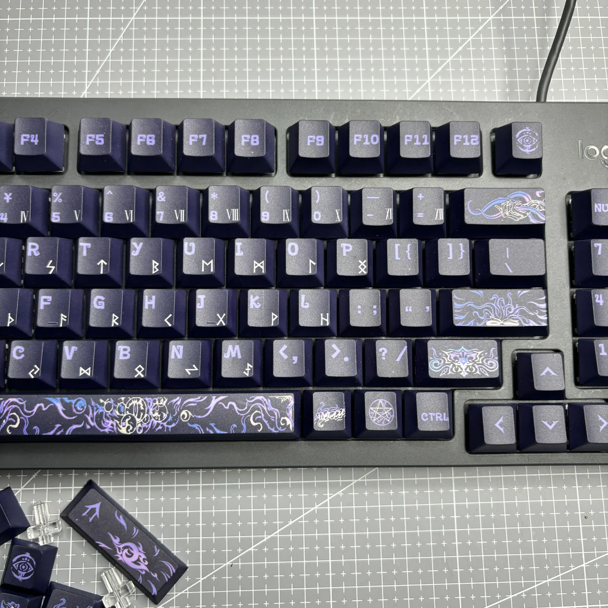 A gallery of Yog-Sothoth keycaps set, showcasing the Yog-Sothoth cosmic horror theme. Intricate eldritch symbols and dark mystical designs are visible from few angles.
