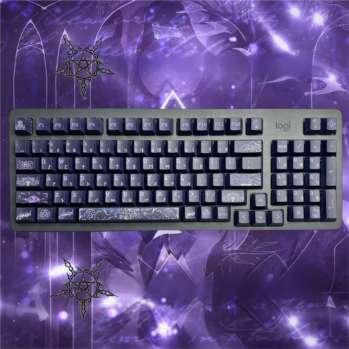 Artistic Yog-Sothoth keycaps set. Exclusive eldritch cosmic horror symbols and dark mystical designs, shown from multiple angles.