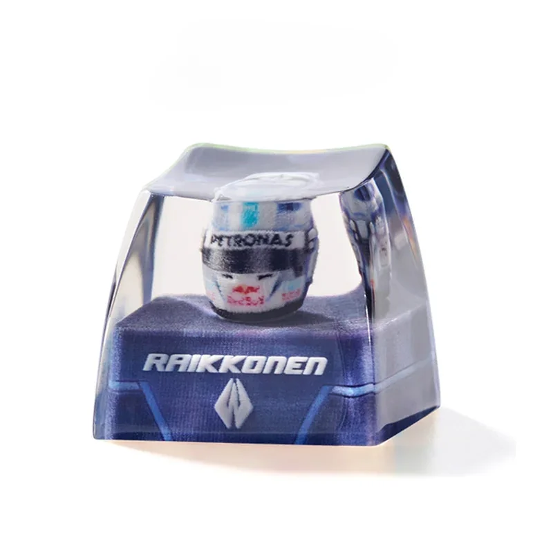 Premium Kimi Raikkonen 2001 F1 helmet keycap, showcasing its intricate side profile and iconic racing livery details as a collectible miniature.