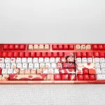 Exclusive Genshin Impact Klee PBT Cherry Profile Keycap Set, vibrant hues, displayed from various angles with playful explosive anime motifs.