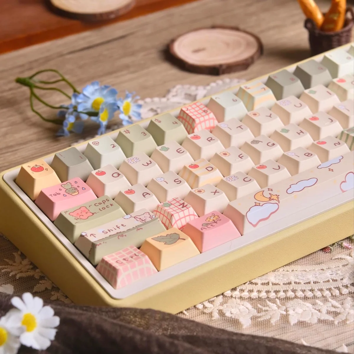 Multiple angles of the Whimsical Little Bear Forest PBT Dye-Sub Keycaps set, showcasing charming bear motifs, earthy tones, and durable artistic design.