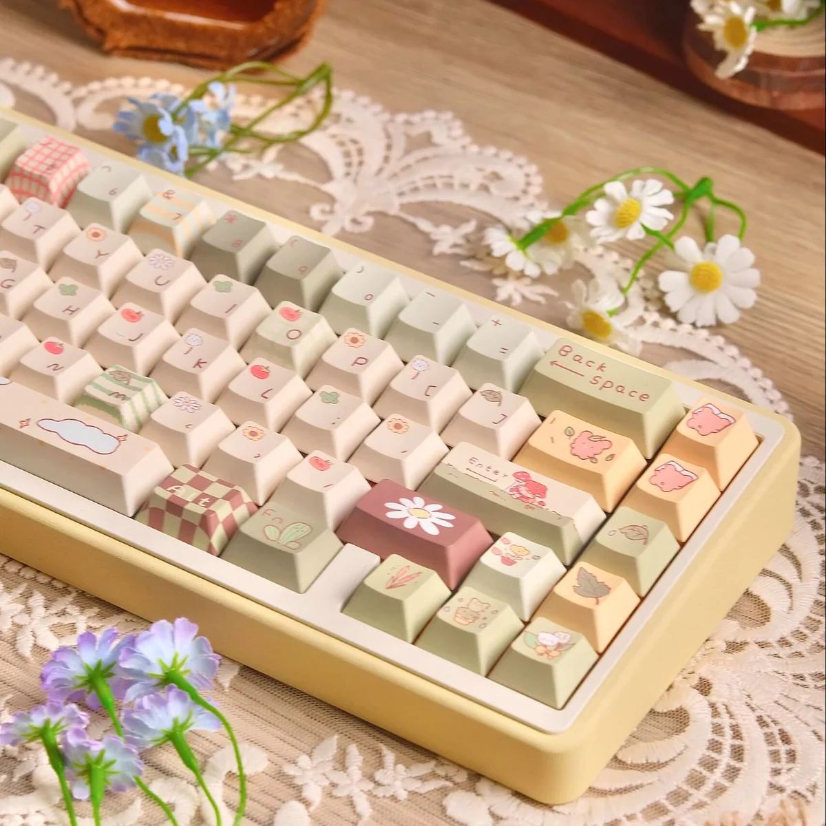 Whimsical Little Bear Forest PBT Dye-Sub Keycaps Set with earthy bear and forest art from multiple views. Durable PBT for a cozy, artistic keyboard.