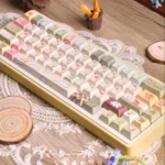Whimsical Little Bear Forest PBT Dye-Sub keycaps set arranged from various angles, showcasing cute bear motifs and natural earthy tones.