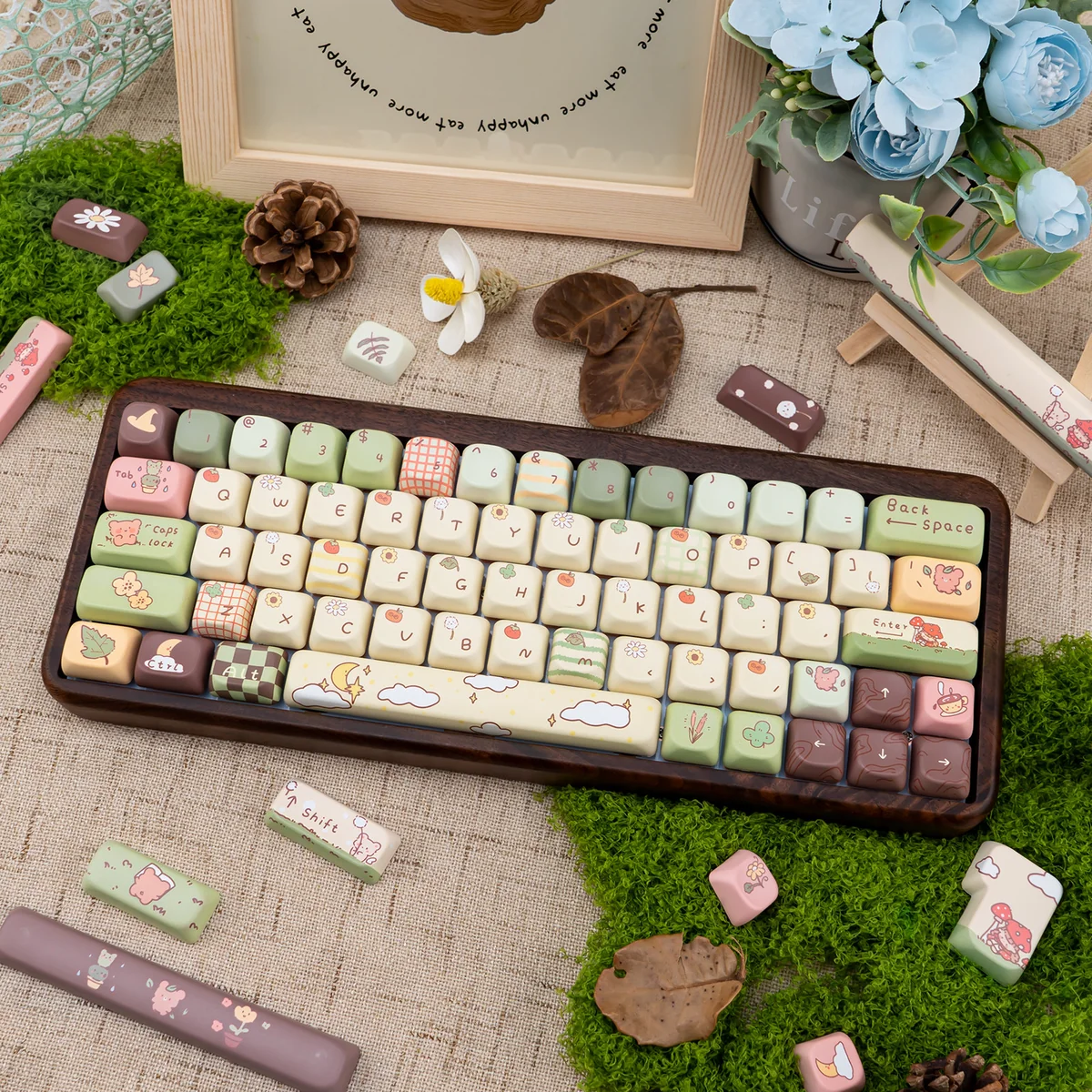 Whimsical Little Bear Forest PBT dye-sub keycaps set. Showcases cute bear motifs, earthy forest scenes, and durable artistic quality from multiple angle.