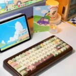 Whimsical Little Bear Forest PBT dye-sub keycaps set: 150-key boxed set with cute bear, forest motifs, and keycap puller.