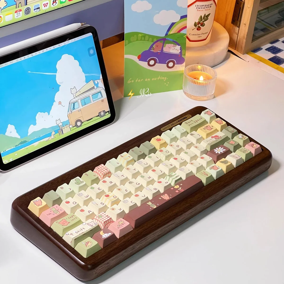 Whimsical Little Bear Forest PBT dye-sub keycaps set, featuring adorable bear motifs amidst an artistic, earthy-toned forest scene. Durable and charming setup.